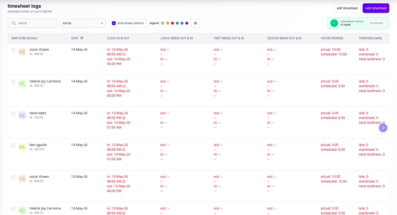 employee timesheet logs with attendance totals and status