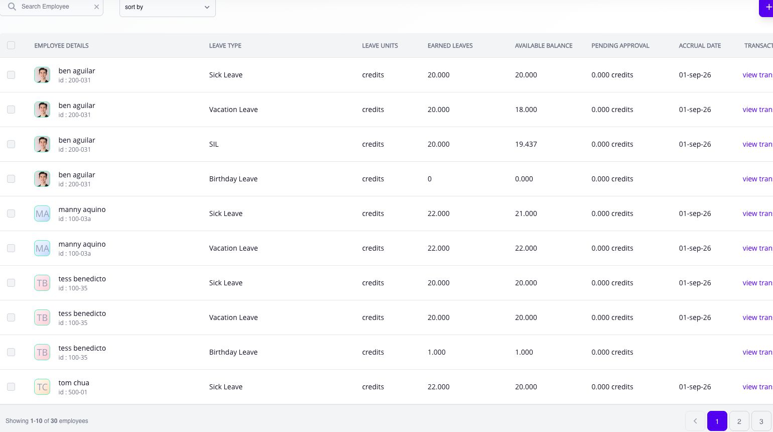 employee leave balances with available hours and filing status